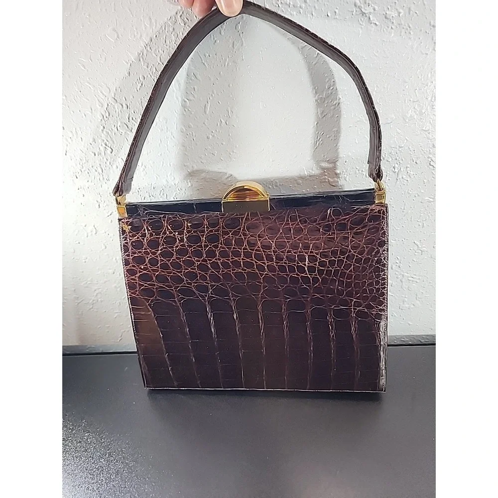 Vtg Bellestone Genuine Alligator Handbag Brown Exotic‎ Skin 1950s  Coin Mirror